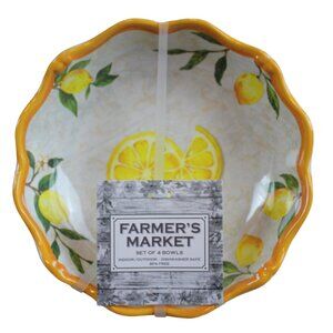 Farmers Market Yellow Lemon Melamine Indoor Outdoor 7.5" Bowl Set 4 Scallop NWT
